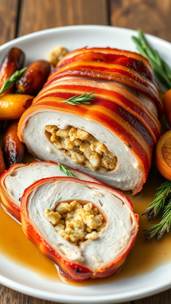 Sliced bacon-wrapped stuffed pork loin on a plate with roasted vegetables, garnished with herbs.
